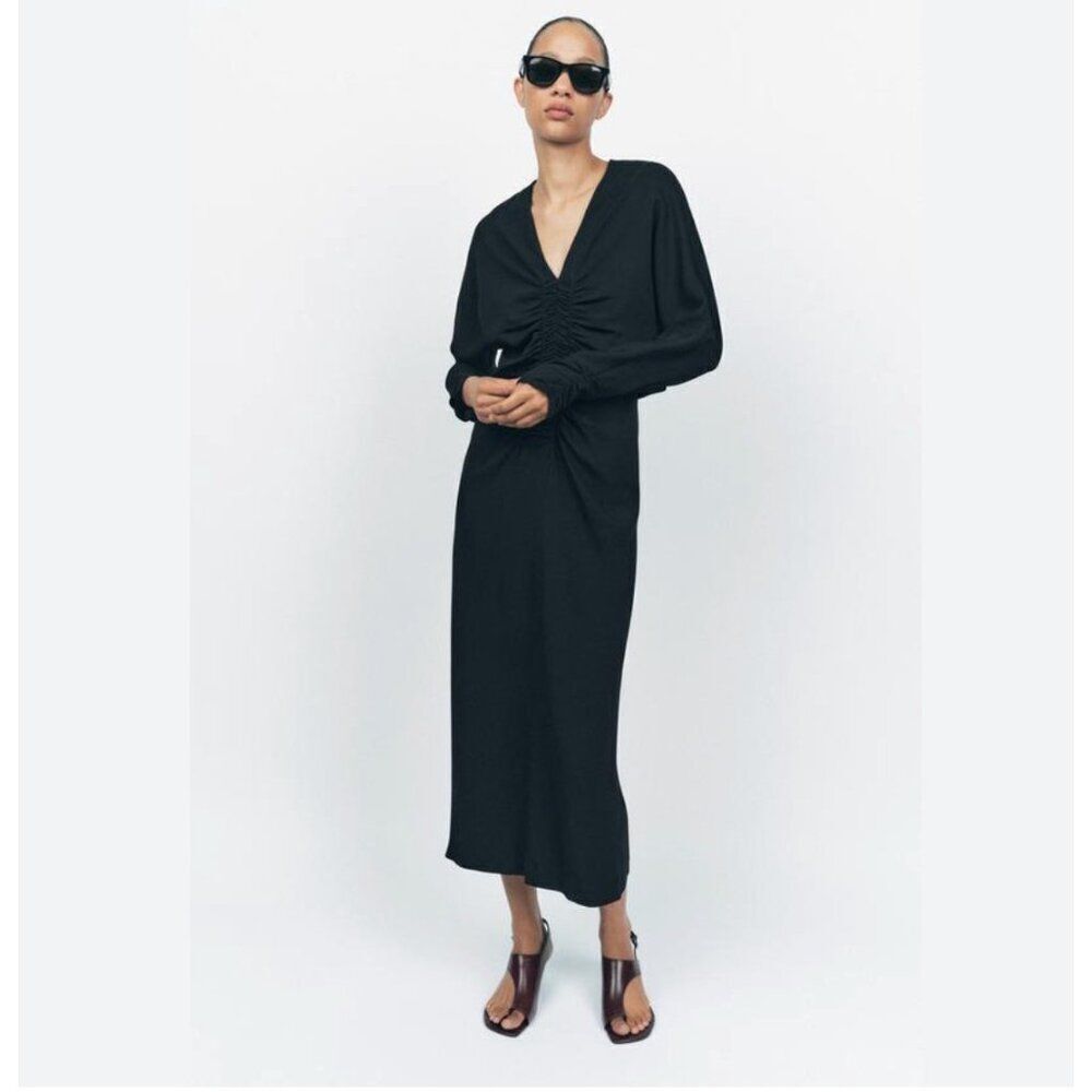 Zara Womens Midi Dress M Black Draped V-Neck Viscose Stretch 9996/376 NWT